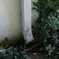 a white gutter is sitting on the side of a building next to a bush .