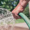 a person is watering with a green hose .
