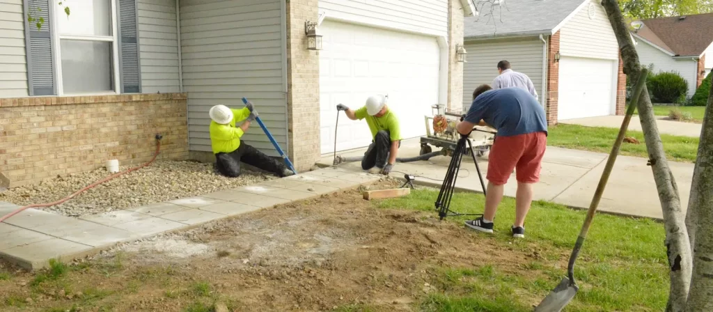 a group of men are working on a sidewalk in front of a house