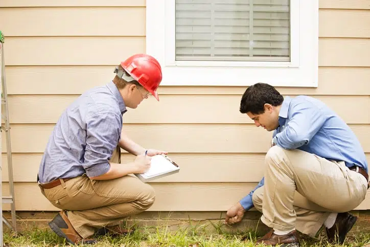 two men are kneeling in front of a house and one is writing on a clipboard
