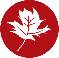 a black maple leaf in a red circle
