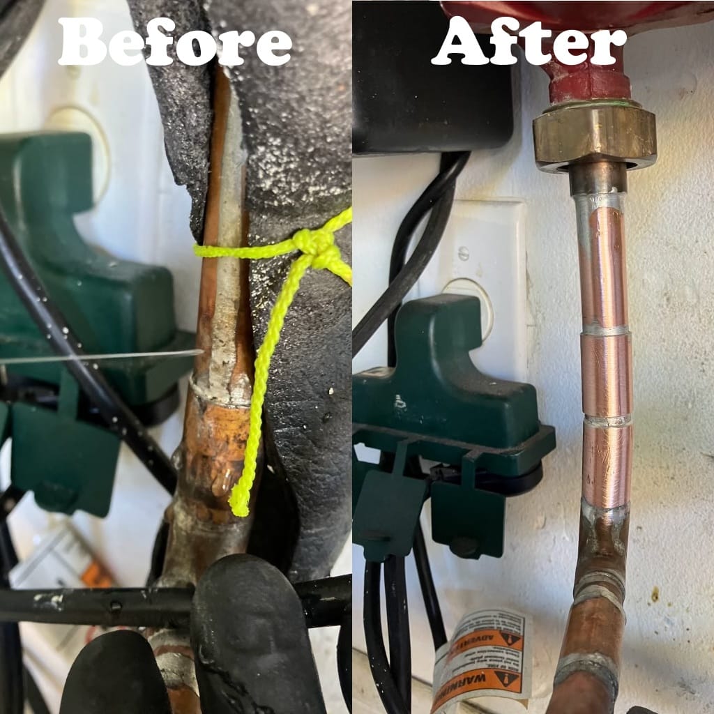 Before and after image of a pinhole leak that is repaired