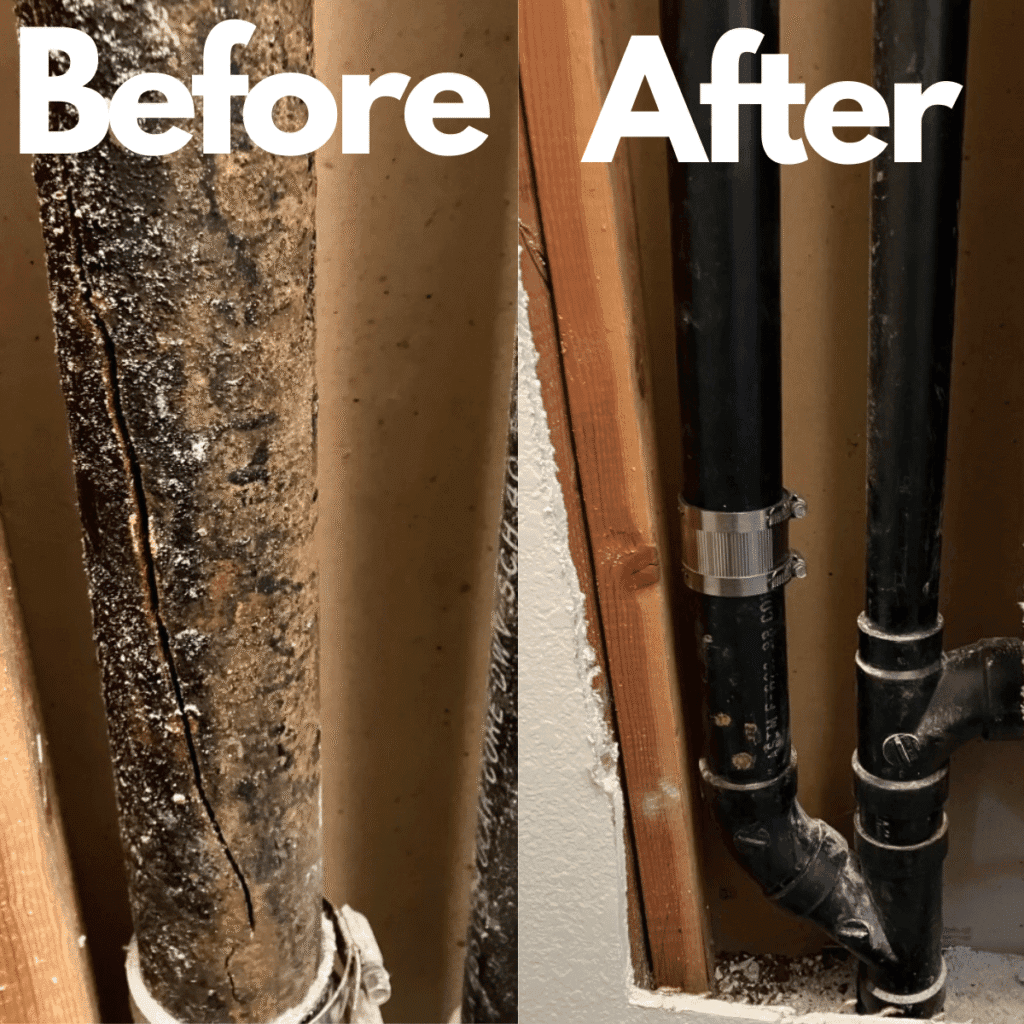 10 foot section of a cracked iron pipe replaced with ABS. Before and after.