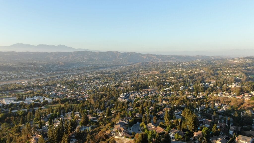 Aerial view of Anaheim Hills, the Santa Ana Corridor and 91 freeway
